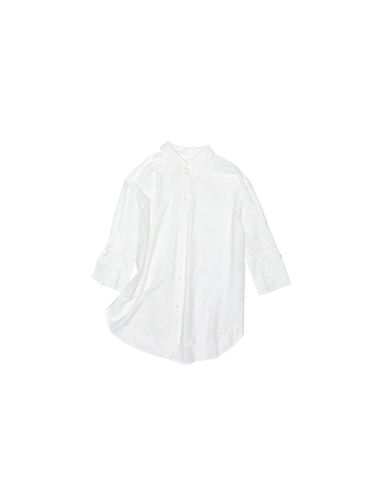 Mid Sleeve Jacquard Cut Out Loose Drop Shoulder Shirt & Bud Shorts Set【s0000012917】