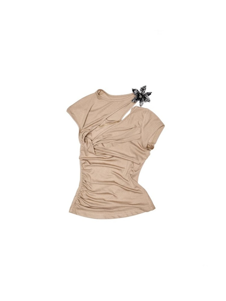 Metallic Flower Knot Pleated Slim Fit Acetate Short Sleeve Shirred T-Shirt【s0000012918】