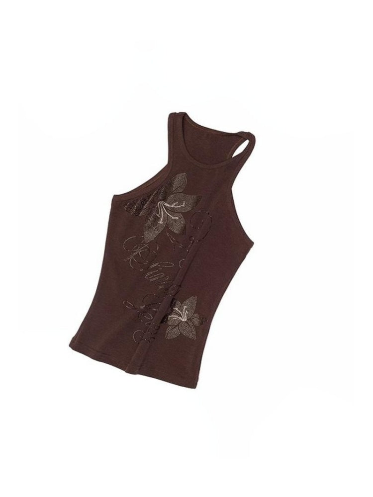 Floral Rhinestone I-Shaped American Sleeveless Tank Top【s0000012891】