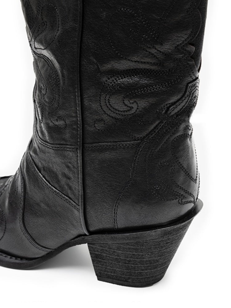 Classic V-Mouth Pointed Toe Cowhide Embroidered Mid Cylinder Western Rider Boots【s0000012921】