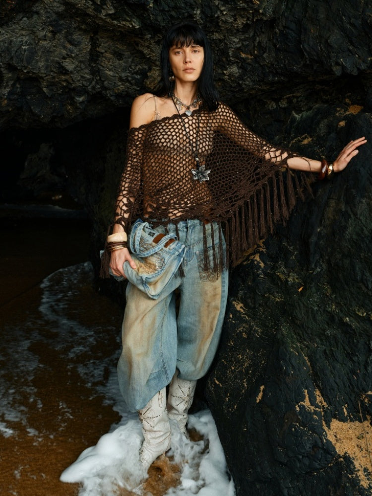Cut Out Fringed Knitted Crochet Shawl One Piece Multi Wear Cover Up【s0000012926】
