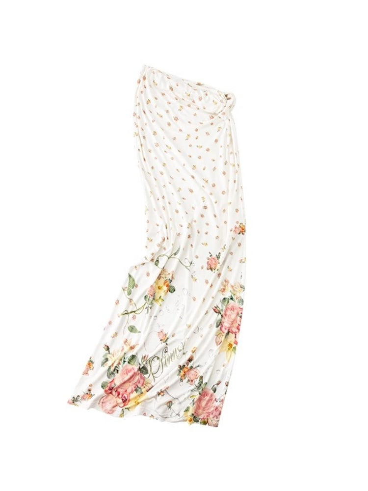 Floral All Over Printed Big Round Neck Knotted Tank Top&Slouchy Maxi Skirt Set【s0000012927】
