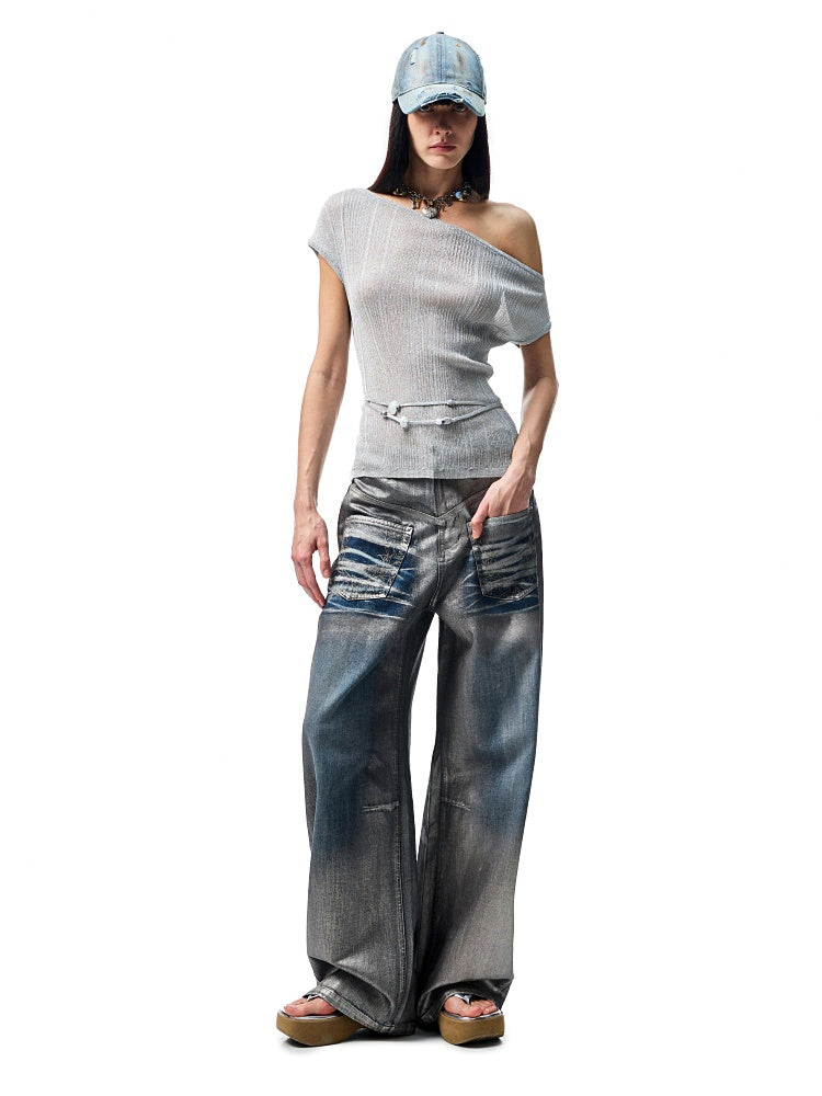 Asymmetric Shoulder Lace-Up Knit Sheer Loose Short Sleeved T-Shirt【s0000012930】