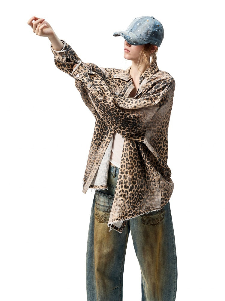 Wash Distressed Leopard Print Irregular Raw Edged Slouchy Shirt【s0000012931】