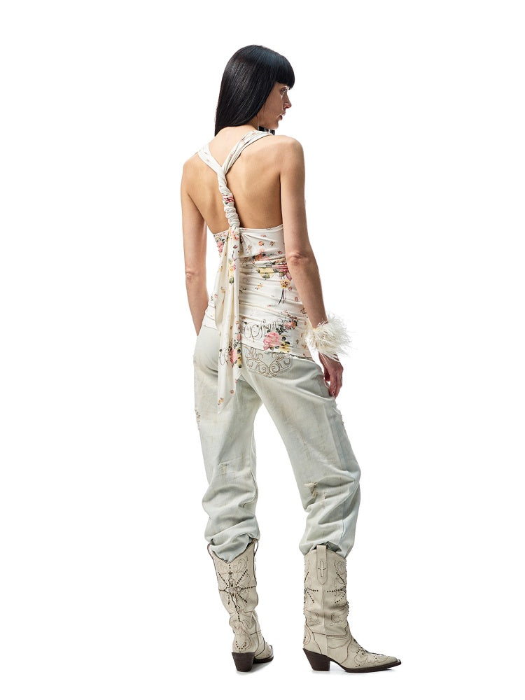 Mud Dyed Floral Embroidered washed Irregular Deconstructed Straight Leg Jeans【s0000012933】