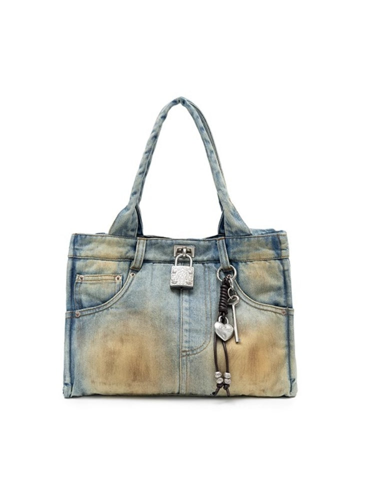 Distressed Printed Denim Embroidered Tote Bag【s0000012934】
