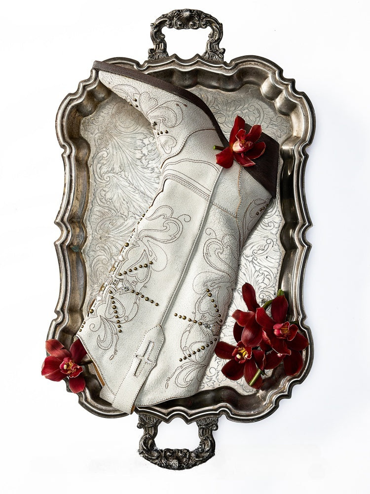 V-Mouth Pointed Toe Lamb Skin Embroidery Cross Vintage Aged Western Cowboy Boots【s0000012936】