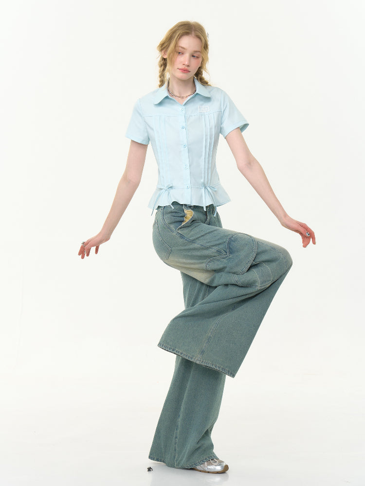 Cropped Bow Pin Tuck Short Sleeve Shirt【s0000013015】