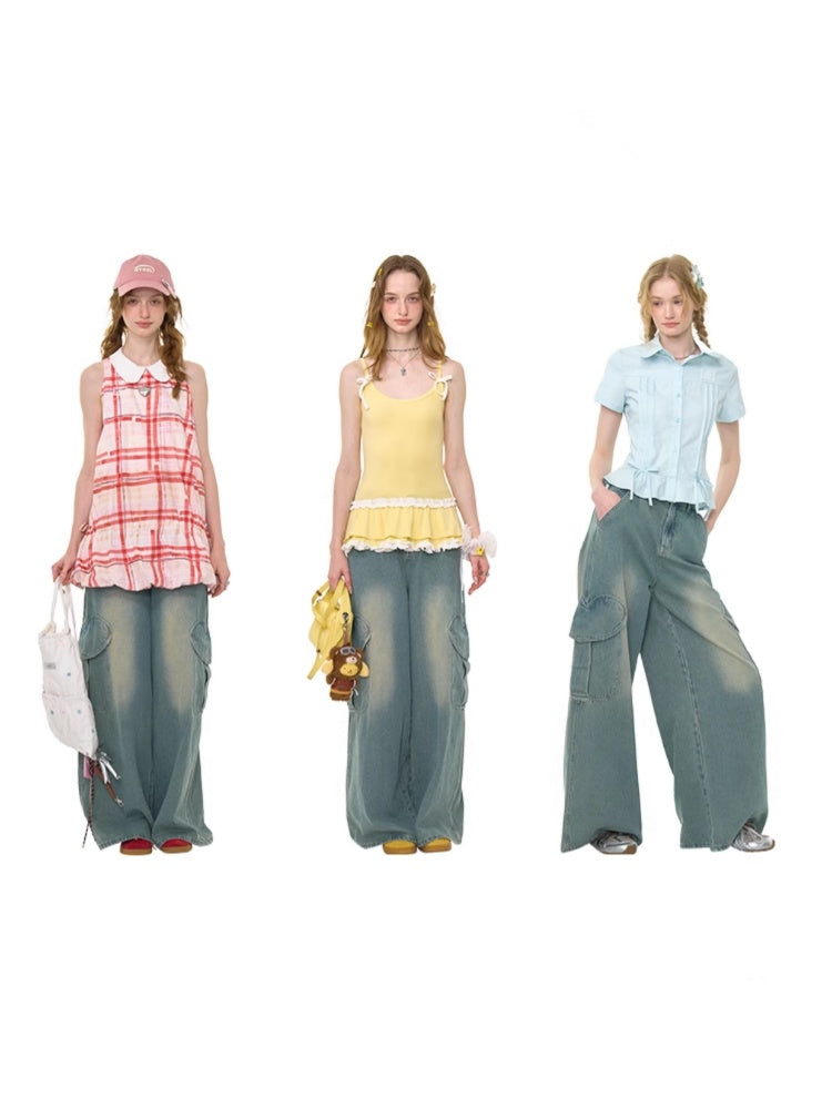 Distressed Loose Heart Big Pocket Wide Leg Straight Jeans【s0000013016】