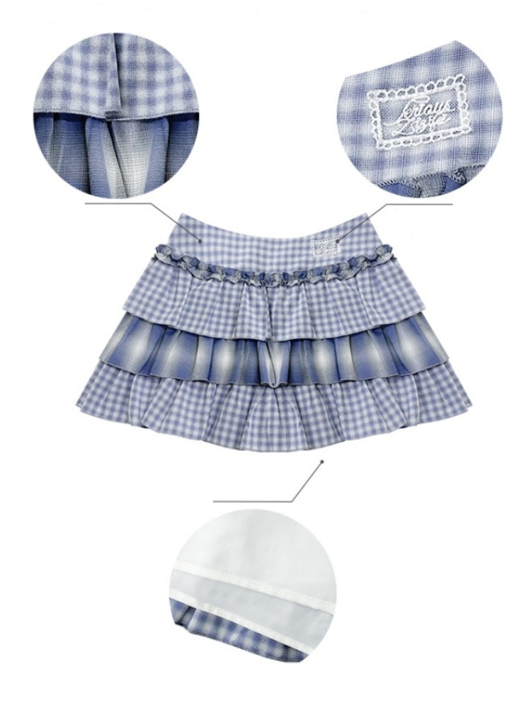 Ombre Check Pleated Ruffle High Waist Cake Skirt【s0000013018】