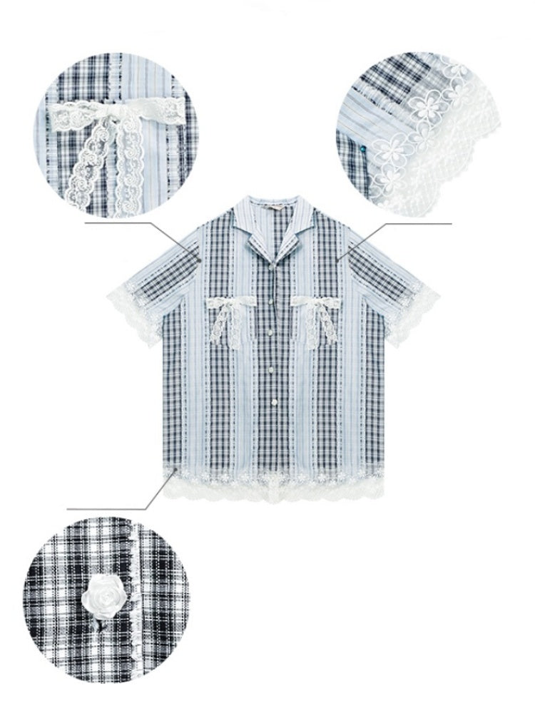 Patchwork Lace Bow Striped Plaid Short Sleeve Shirt【s0000013019】