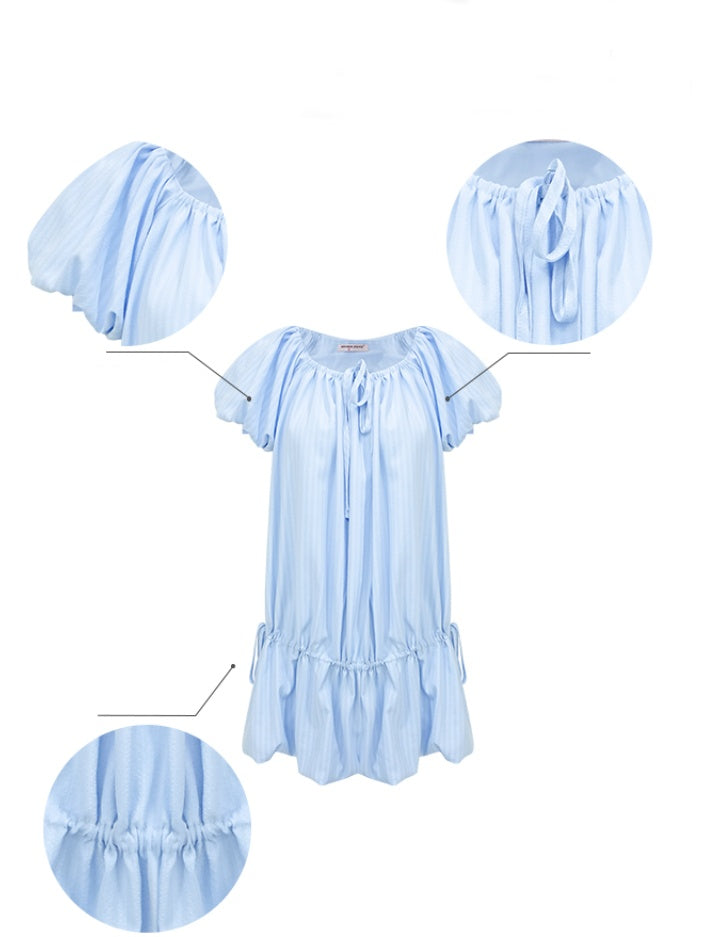 Gathered Waist Ribbon Neck Puff Sleeve Dress【s0000013020】