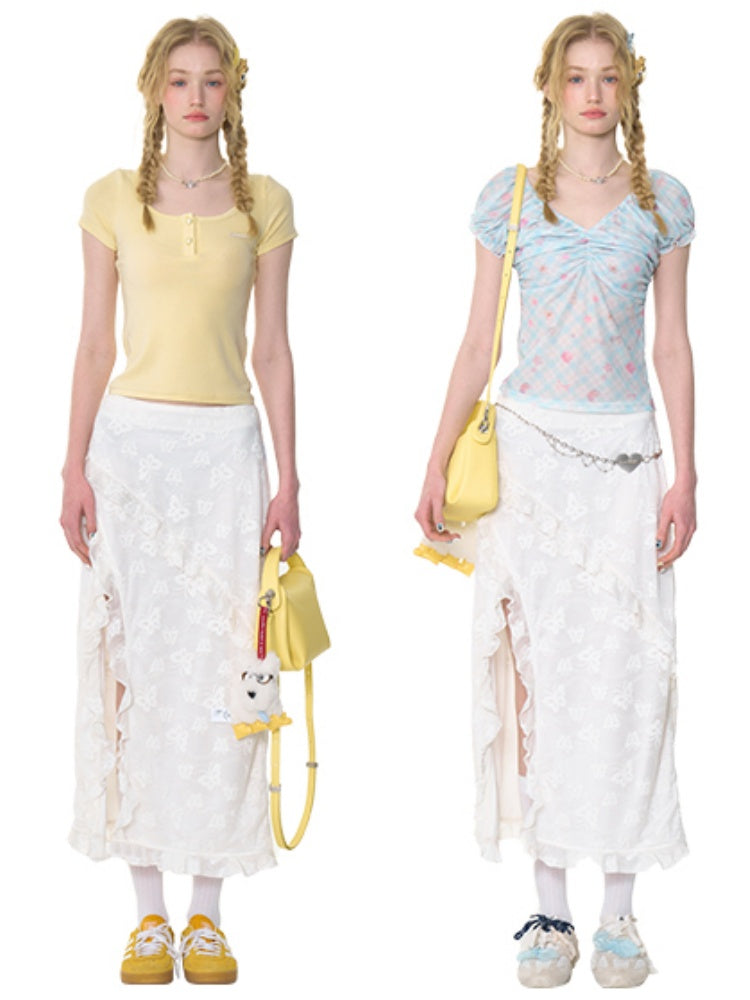 Ruffle Lace Slit High Waisted Midi Skirt【s0000013021】