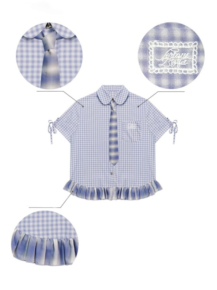 Ruffle Hem Plaid Tie Doll Collar Short Sleeve Shirt【s0000013022】