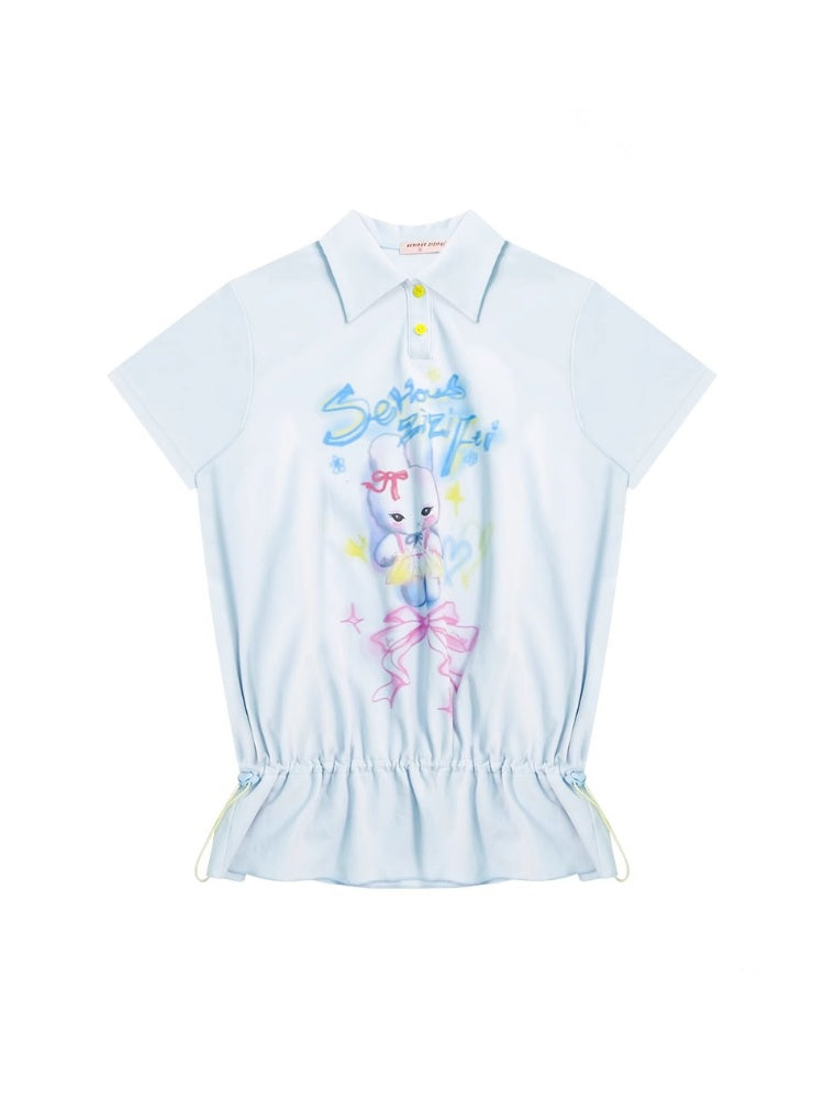 Rabbit Print Drawstring Hem Polo Neck Short Sleeve T-Shirt【s0000013026】