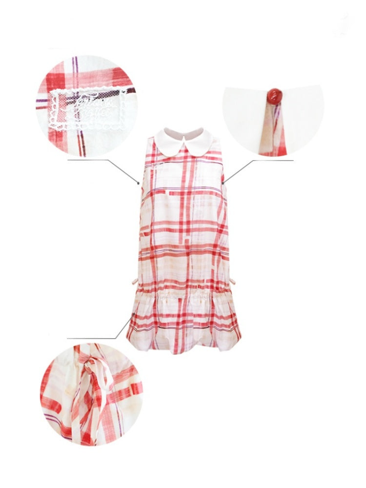 Plaid Doll Collar Drawstring Waist Sleeveless Dress【s0000013027】