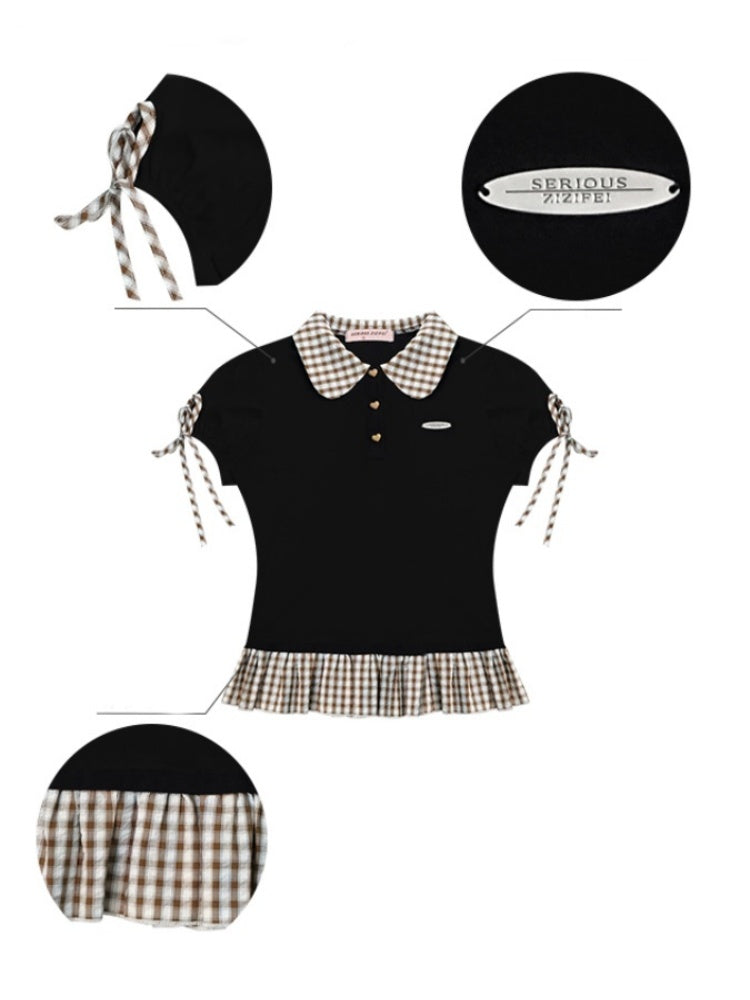 Gingham Frill Hem Puff Ribbon Sleeve Doll Collar Polo Shirt【s0000013033】