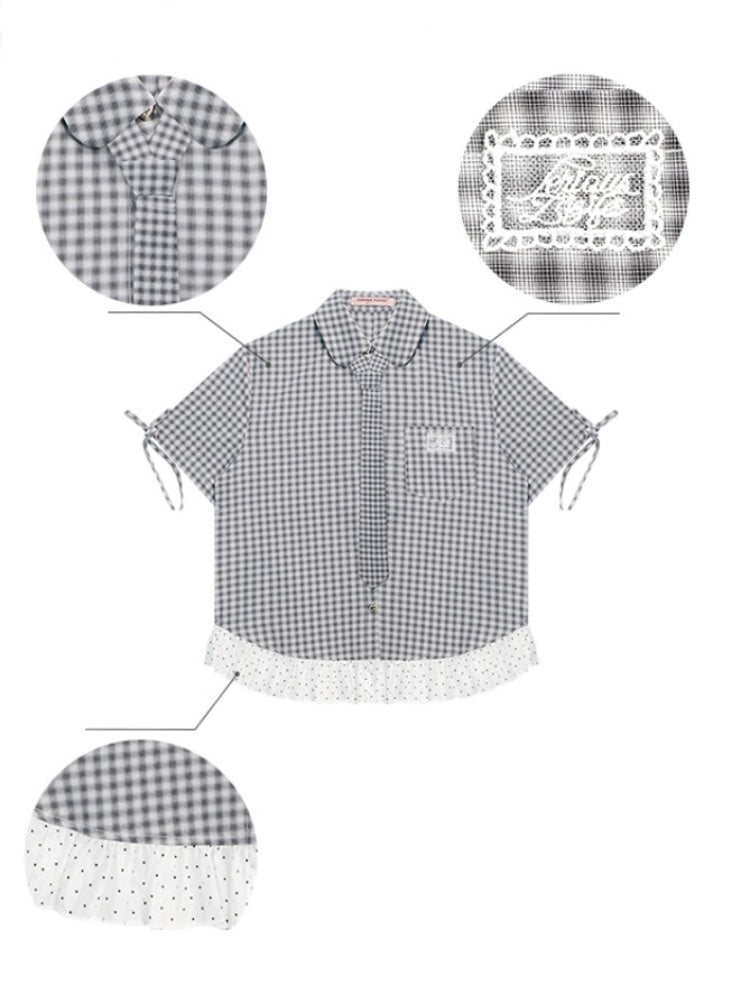 Plaid Polka Dot Ruffle Hem Tie Short Sleeve Shirt【s0000013034】