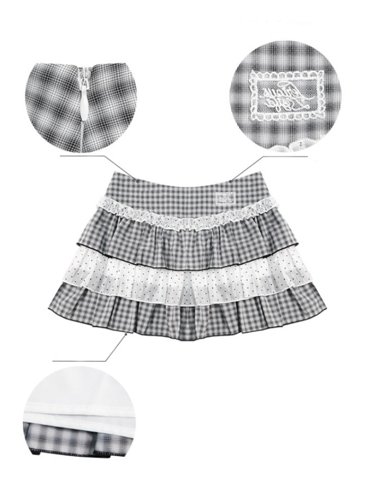 Polka Dot Check Pleated Lace Cake Mini Skirt【s0000013038】