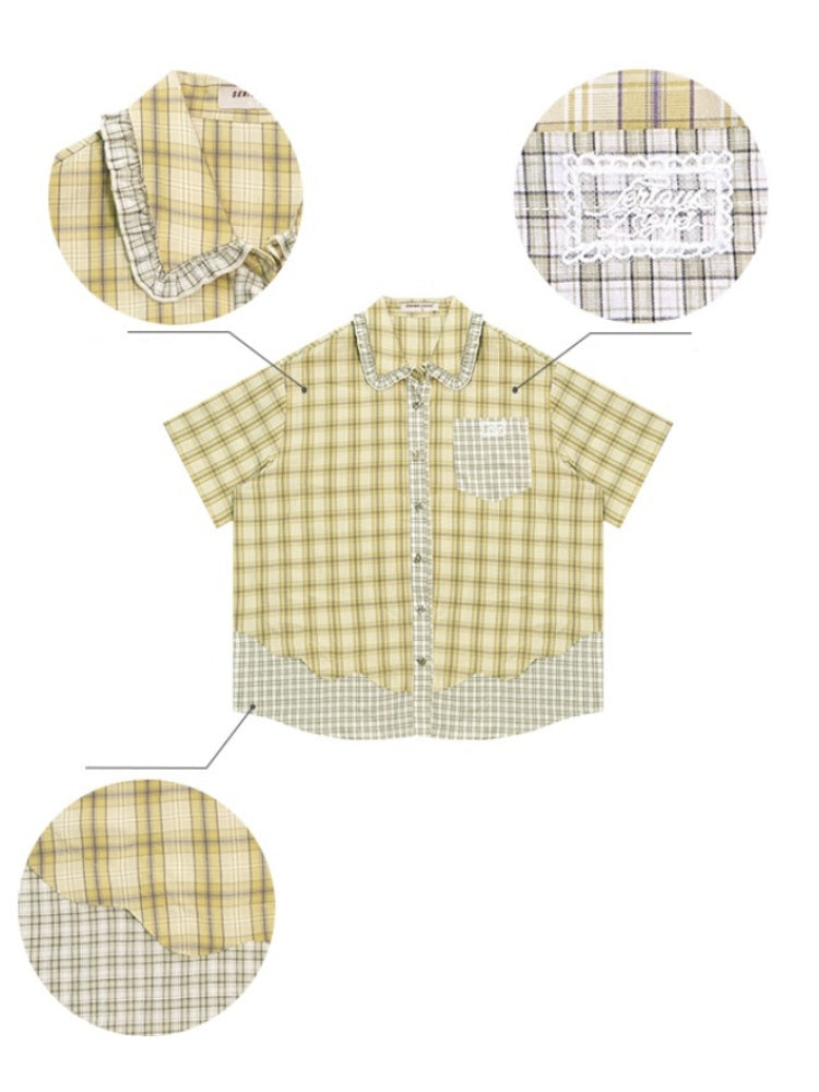 Stitching Plaid Doll Collar Patch Pocket Short Sleeve Shirt【s0000013049】