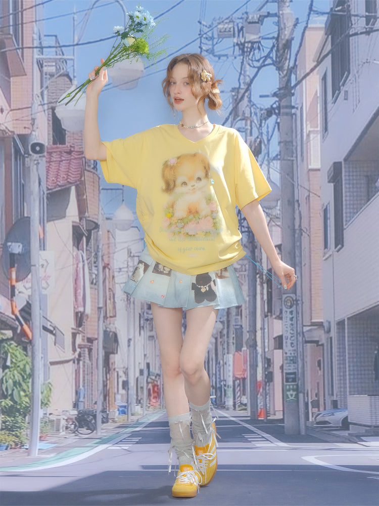 Dog Print Drawstring V-Neck Loose Short Sleeve T-Shirt【s0000013050】