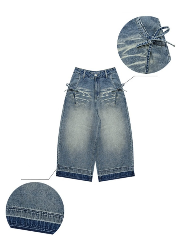 Washed Pocket Ribbon High Waisted Straight Wide Leg Cropped Jeans【s0000013052】
