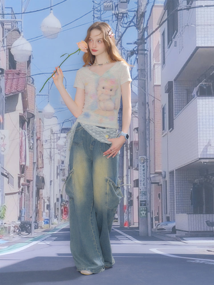Cat Print V-Neck Short Sleeve T-Shirt【s0000013055】