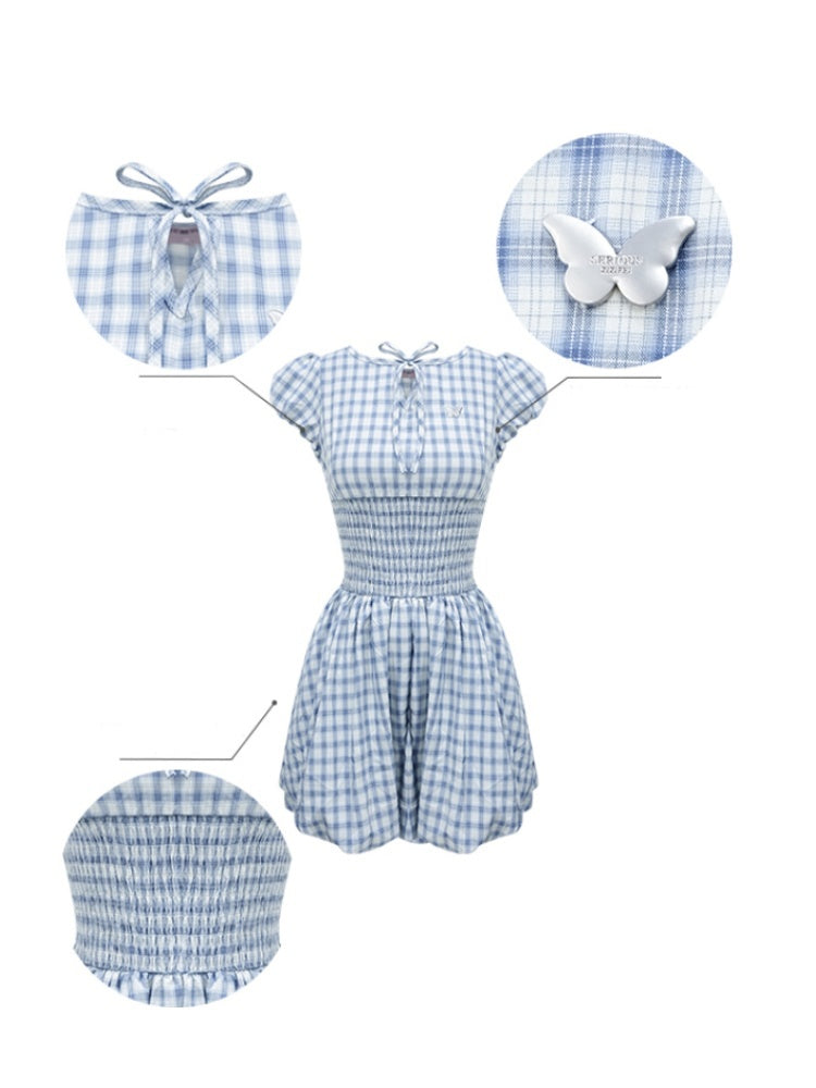 Plaid Waist Shirring Puff Sleeve Bud Dress【s0000013065】