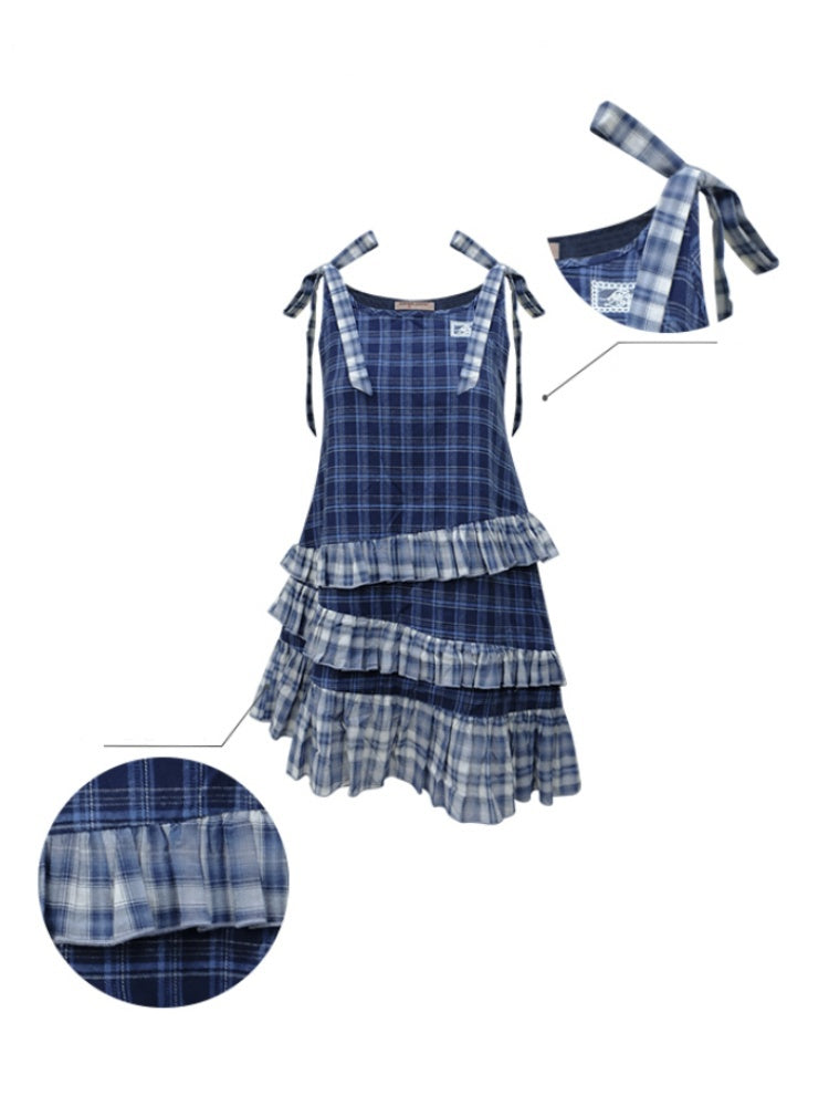 Shoulder Ribbon Tiered Frill Irregular Hem Plaid Slip Dress【s0000013066】