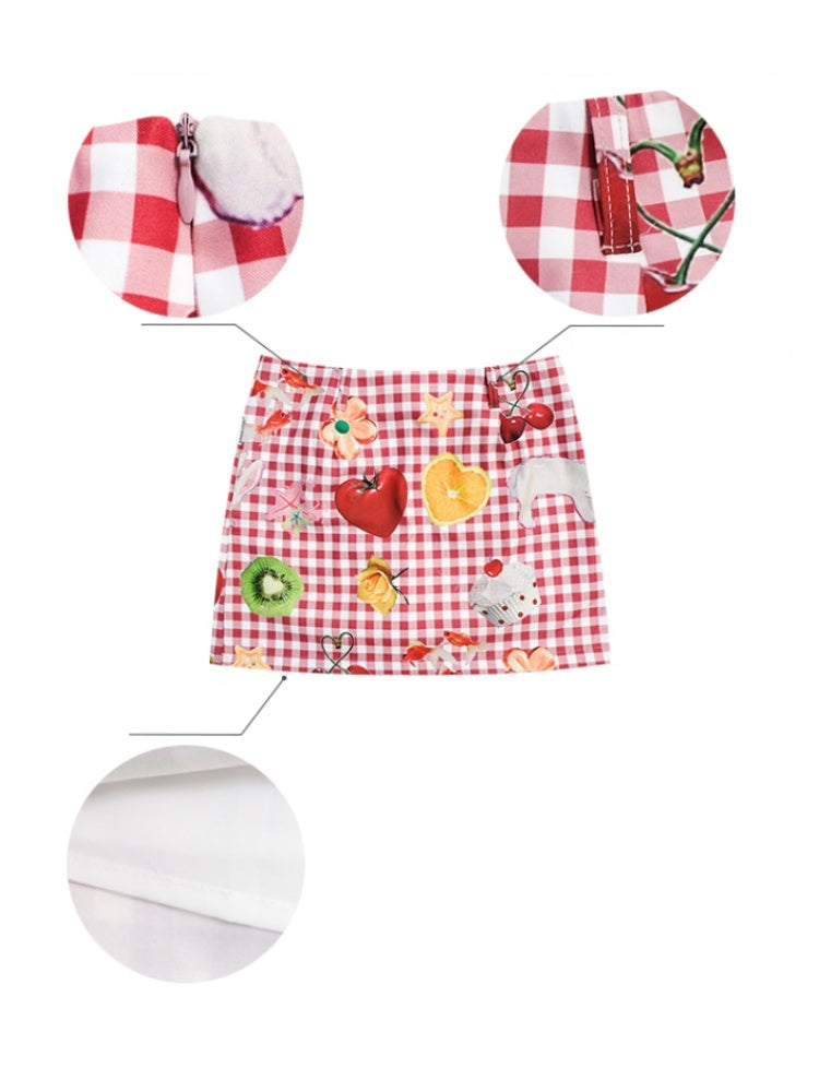Fruit Print Plaid High Waist Skirt【s0000013069】
