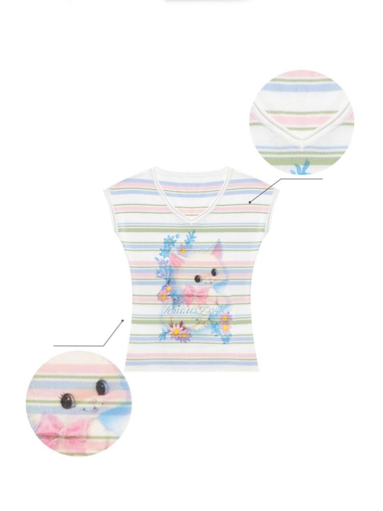 Color Striped Cat Print V-Neck Short Sleeve T-Shirt【s0000013071】