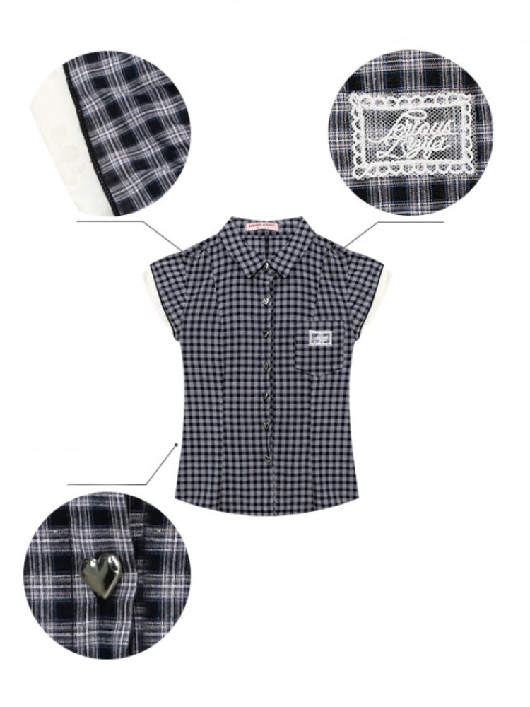 Heart Button Gingham Check French Sleeve Blouse【s0000013091】