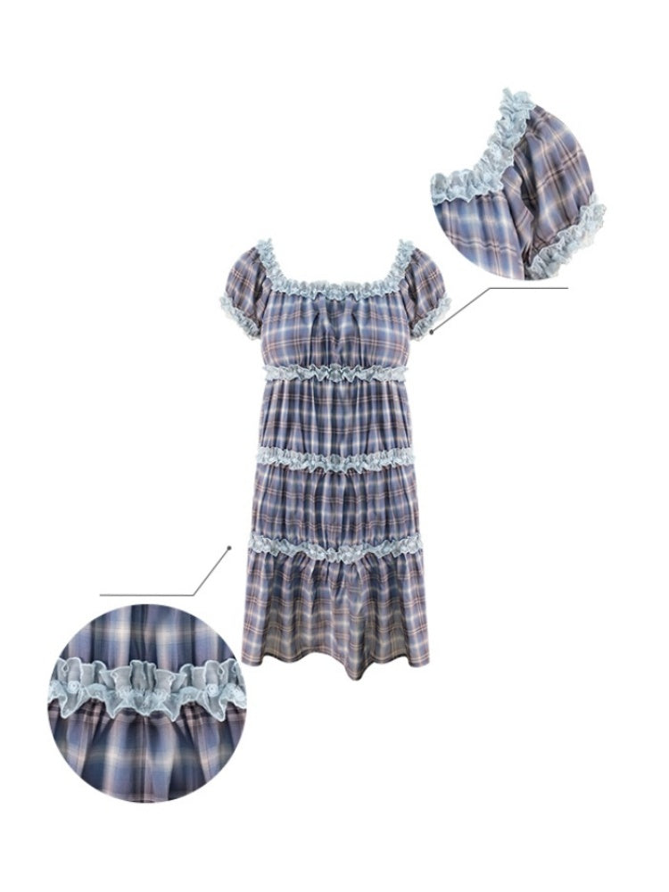 Check Puff Sleeve Square Neck Ruffle Cake Dress【s0000013094】