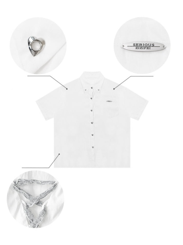 Back Lace Up Heart Button Short Sleeve Shirt【s0000013095】