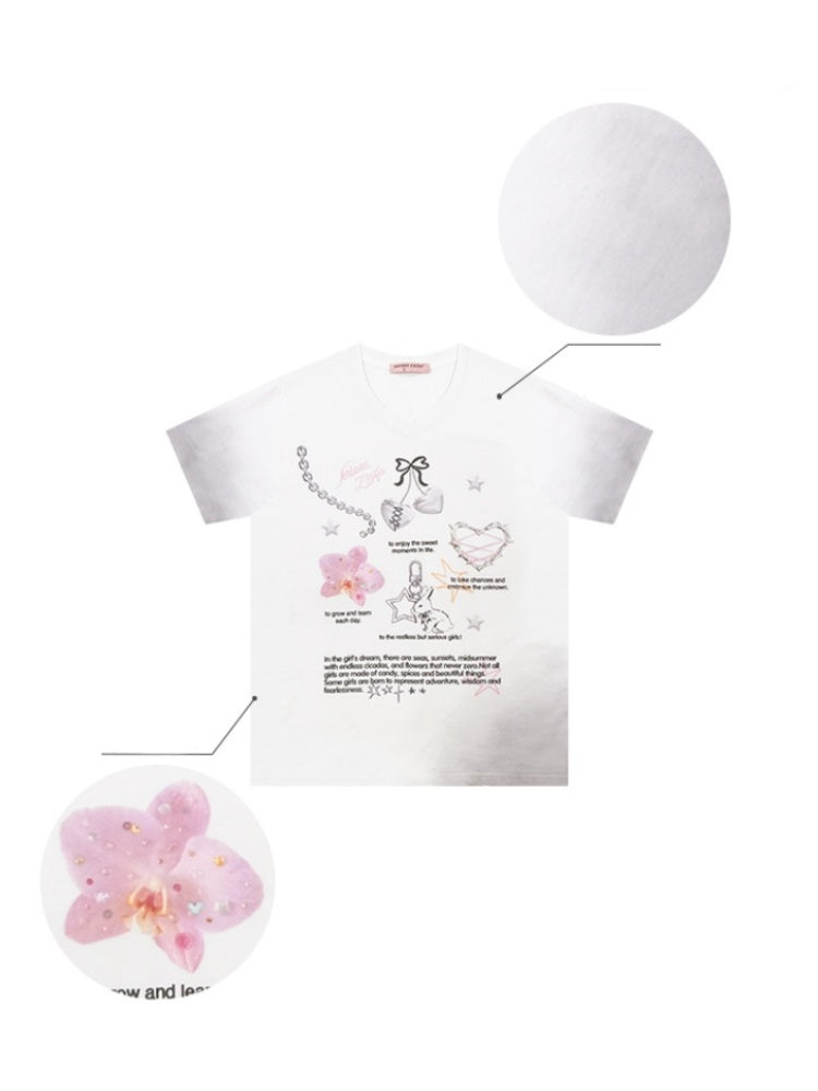 Gradation Print Loose V-Neck Short Sleeve T-Shirt【s0000013096】