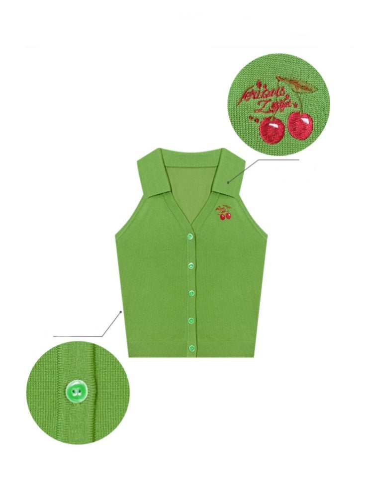Sleeveless Cropped Cherry Embroidery Polo Neck Cardigan【s0000013101】