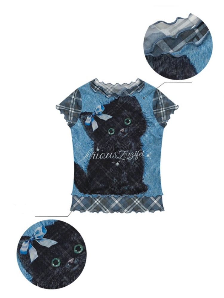 Ruffle Hem Kitten Print Faux Layered T-Shirt【s0000013103】