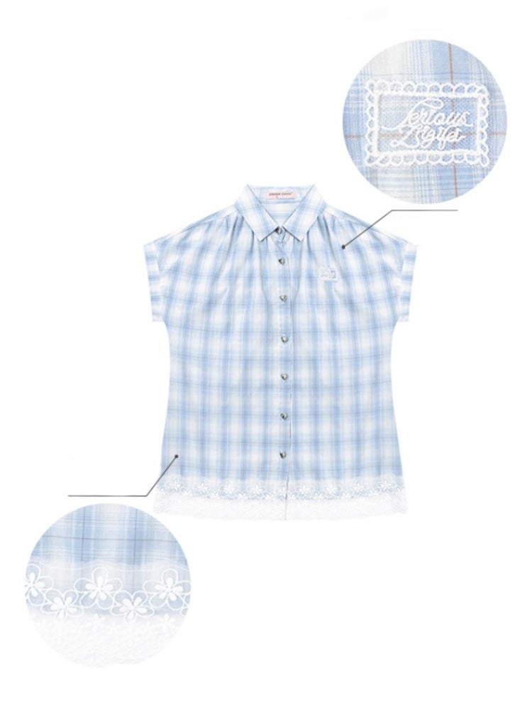 Check Stitched Lace Hem Short Sleeve Shirt【s0000013106】