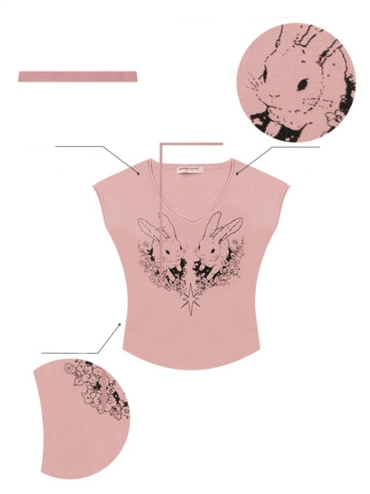 Rabbit Graphic V-Neck Choker Short Sleeve T-Shirt【s0000013107】