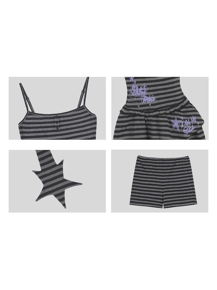 Striped Dress Shorts Scarf Three-Piece Set【s0000013115】