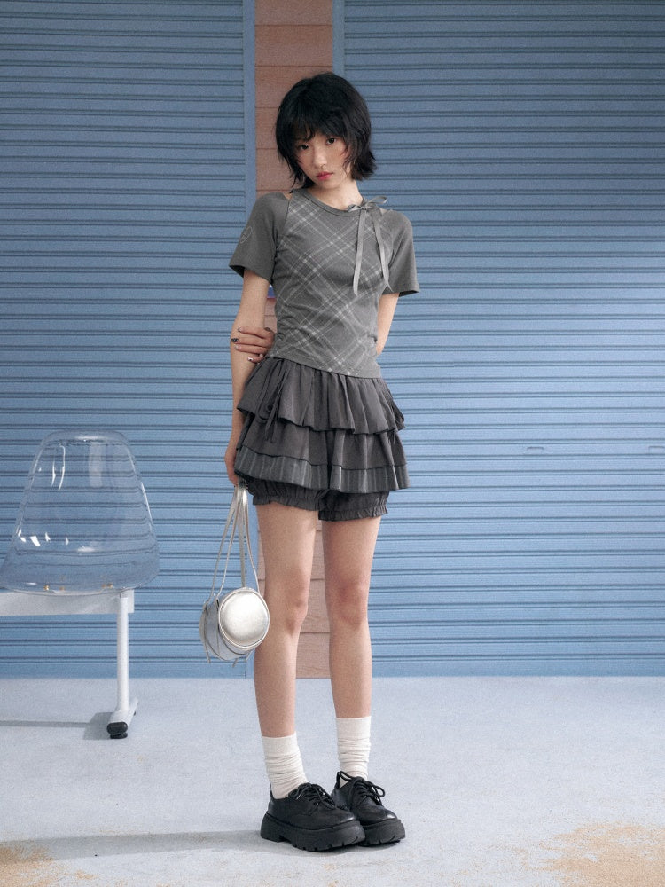 Check Shoulder Cut-Out Bow T-Shirt【s0000013117】