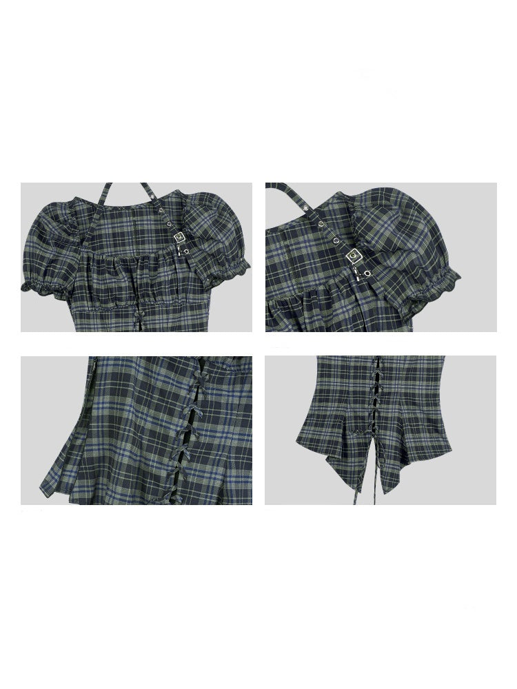 Buckle Strap Halter Neck Irregular Hem Plaid Puff Sleeve Corset Tops【s0000013120】
