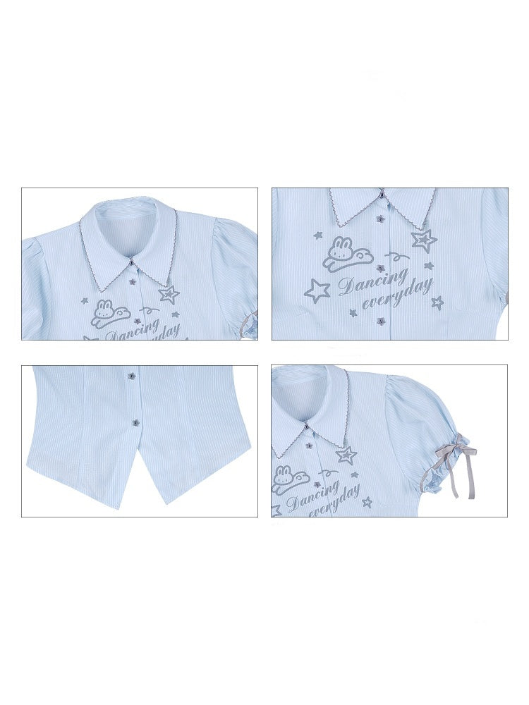 Rabbit Print Pointed Collar Ribbon Puff Sleeves Shirt【s0000013133】