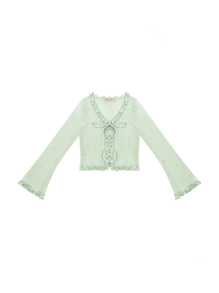 Ribbon Tie Openwork Knit Lace Ruffle Cropped Cardigan【s0000013147】