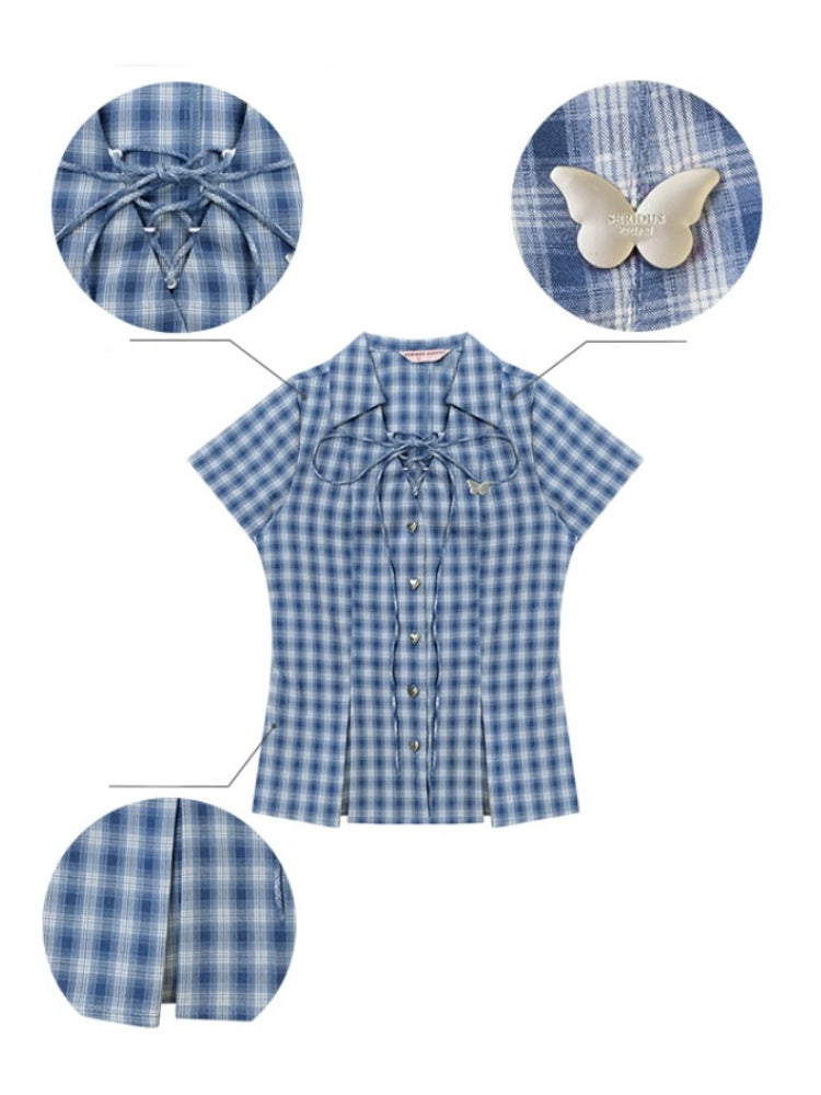 Check Lace-Up Heart Button Short Sleeve Shirt【s0000013148】