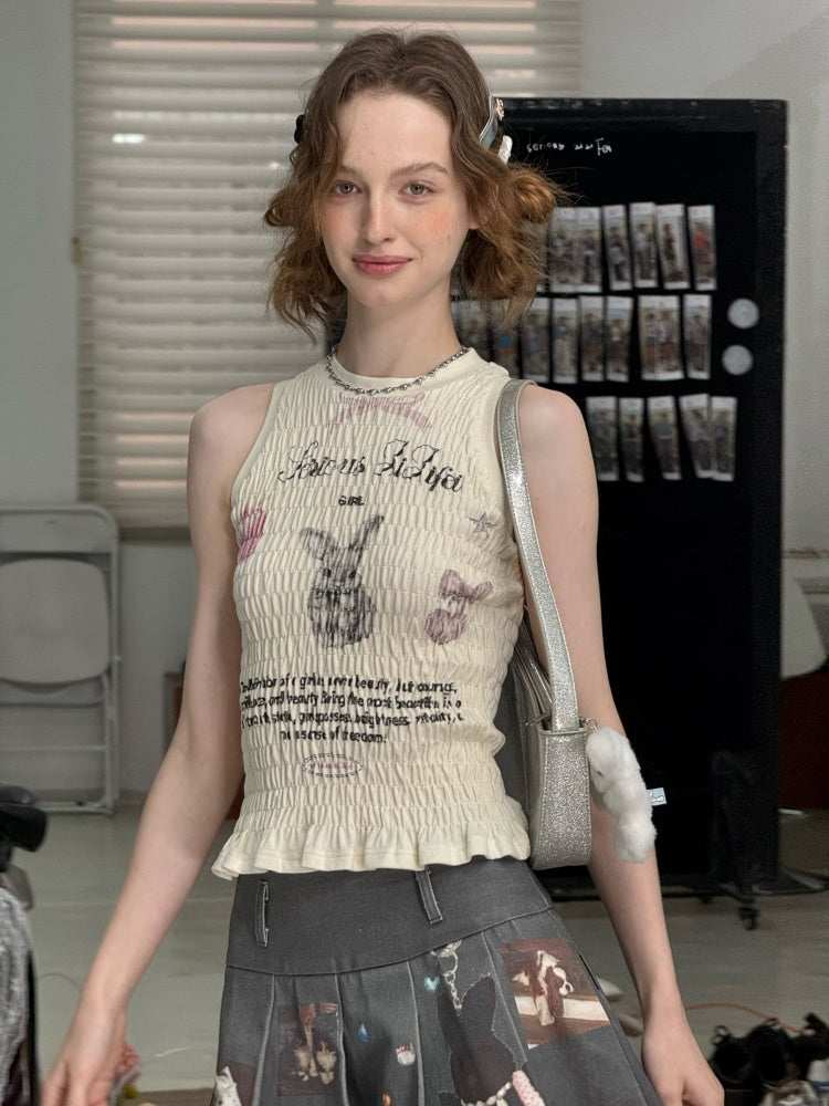 Rabbit Print Shirring Pleated Hem Tank Top【s0000013154】
