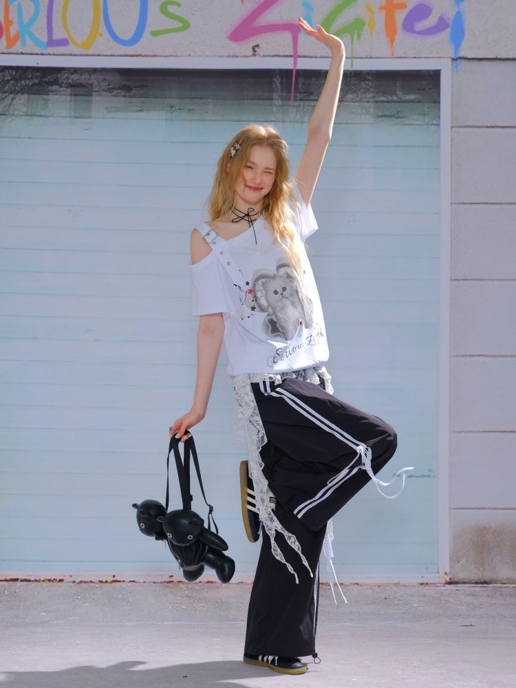 Cat Print Off Shoulder Adjustable Strap Short Sleeve T-Shirt【s0000013158】