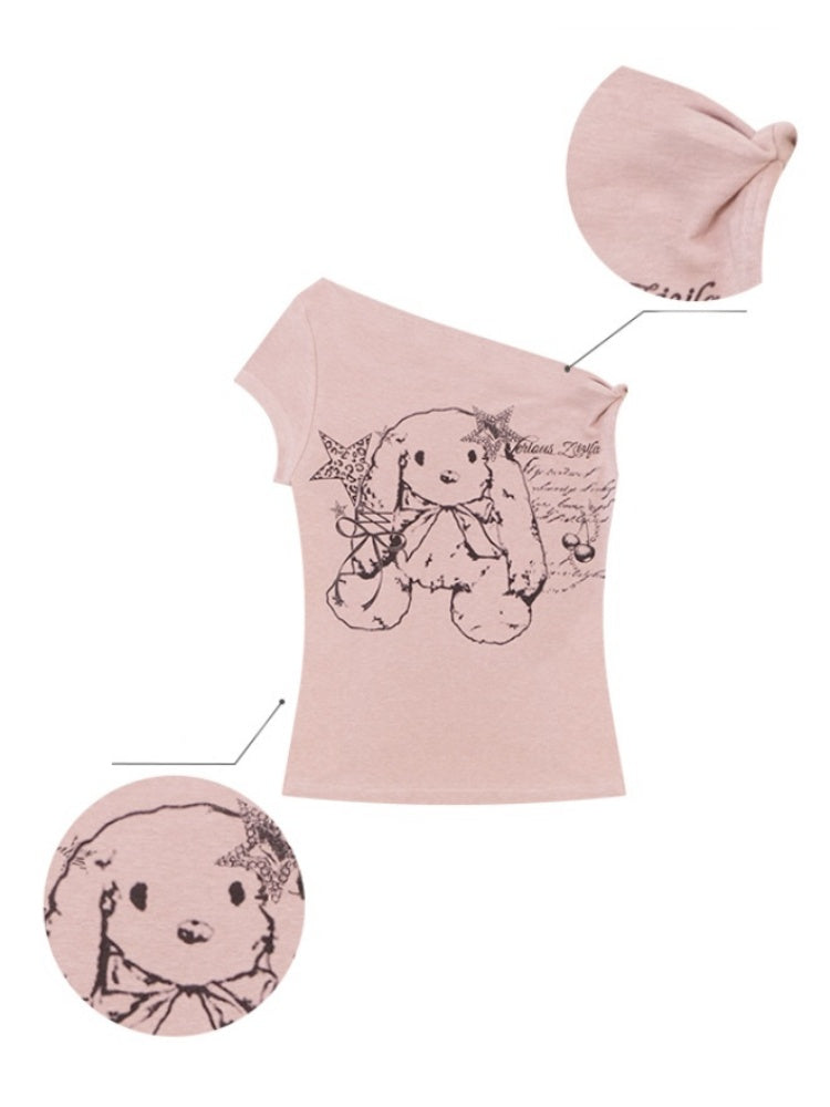 One Shoulder Bunny Graphic T-Shirt【s0000013159】