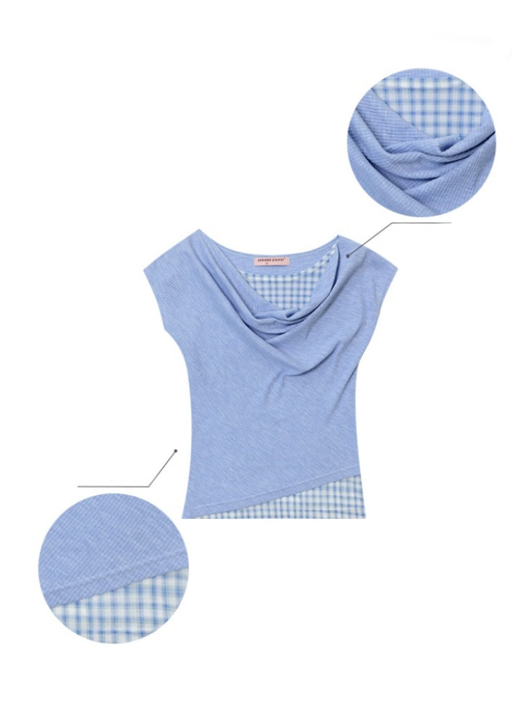 Faux Layered Plaid Drape Neck Short Sleeve T-Shirt【s0000013160】