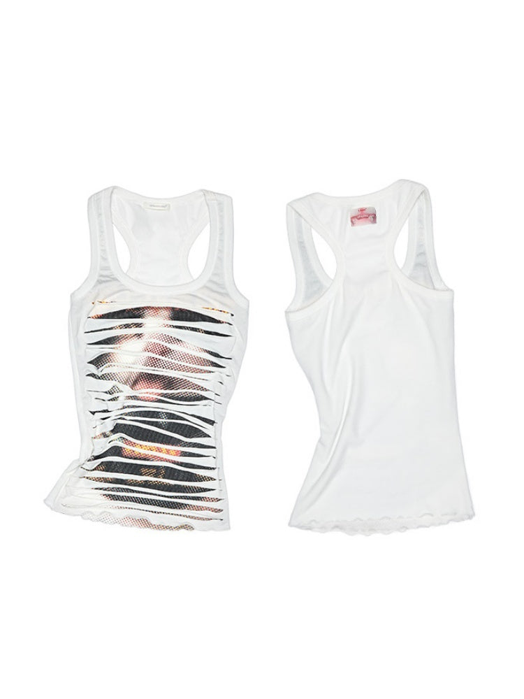 Irregular Hole Cat Print Double Layer Sleeveless Tops【s0000013382】